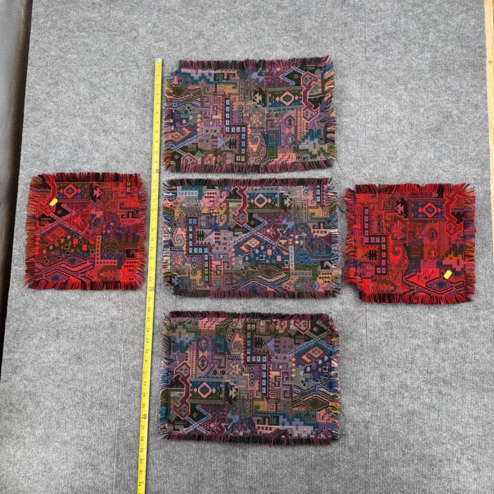 Vintage Woven Tapestry Placemats Set of 5 Geometric Abstract Fringed Multi-Color